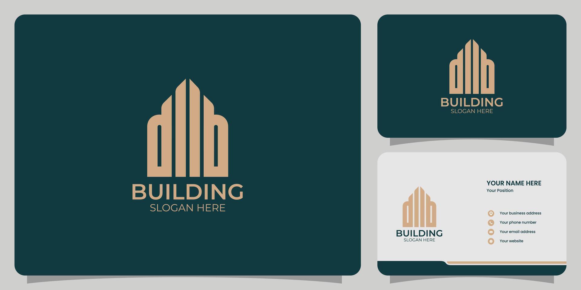 Minimalist building logo with modern style logo design and business card template vector