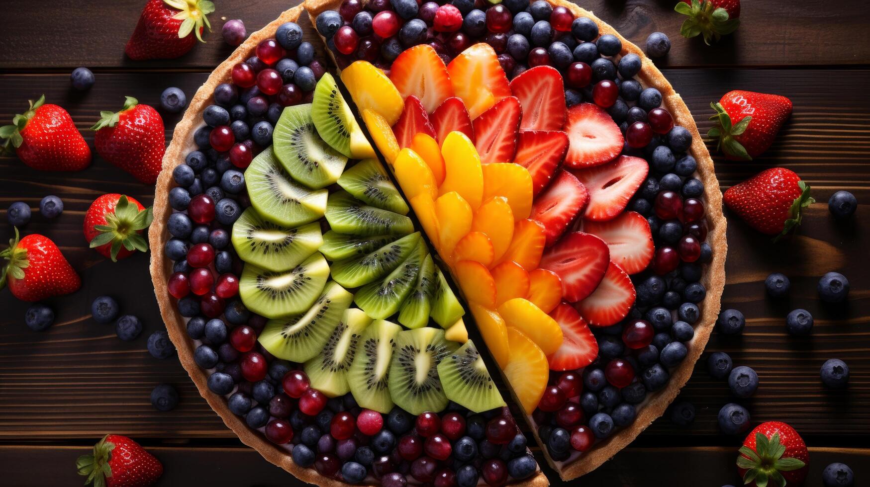 Slices of colorful fruit tart arranged in circle photo