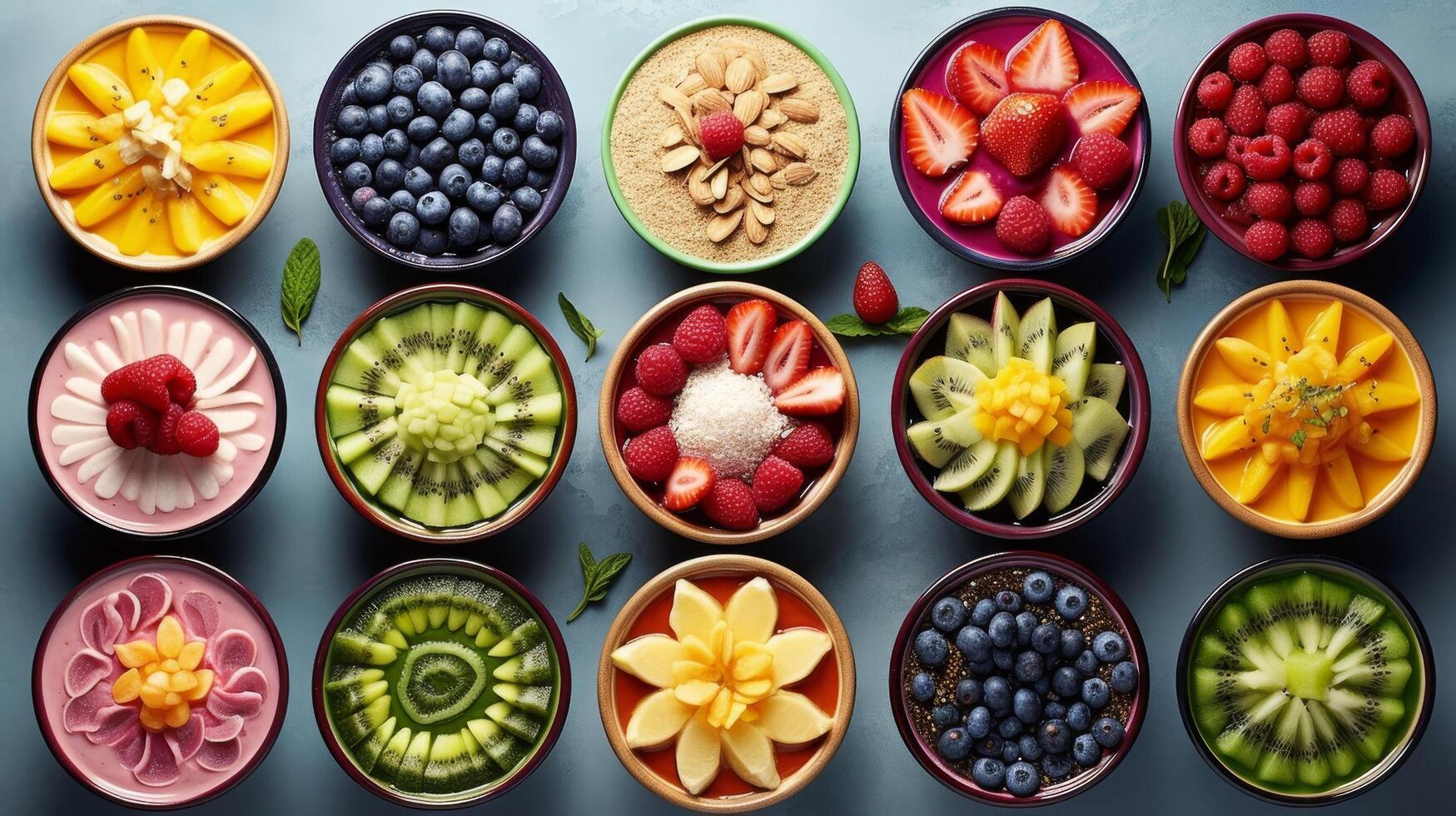 Colorful smoothie bowls arranged in geometric pattern photo