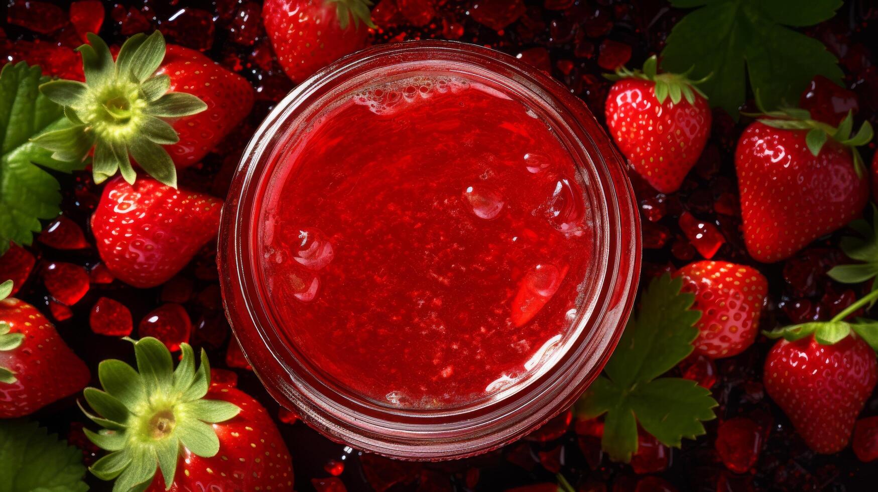 Overhead shot of strawberry jam jar spill photo
