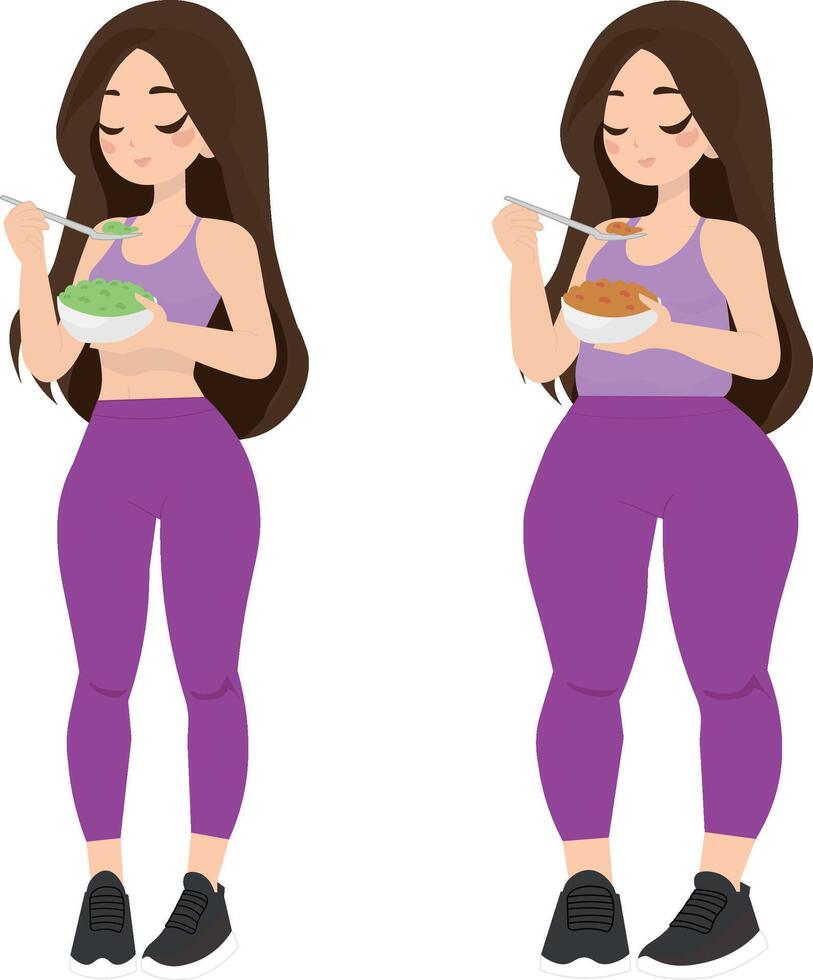 Fat and thin woman, before and after demonstration,with salad, and pasta vector