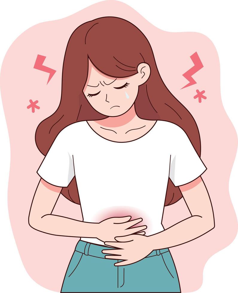 Illustration of a girl with menstrual cramps, stomach pain vector