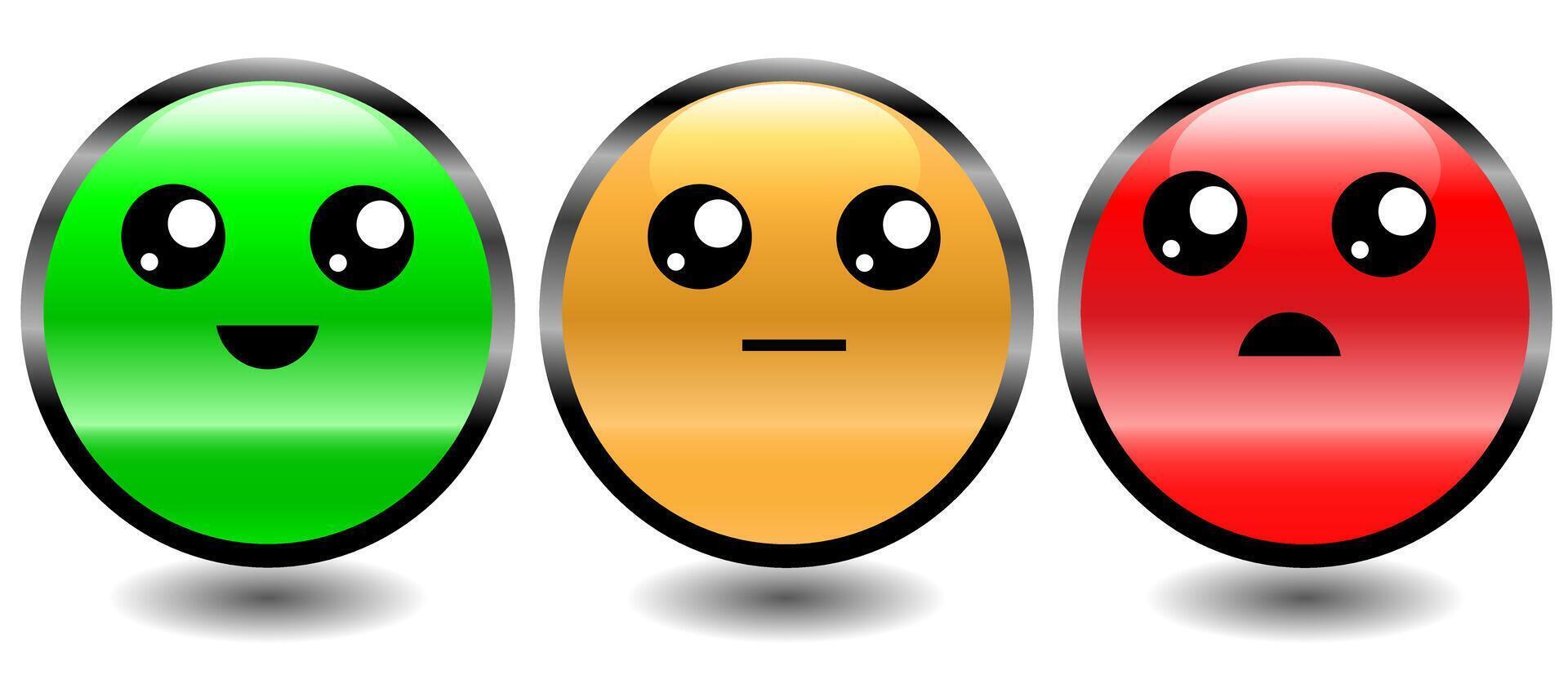 Traffic light style colour feedback or review system buttons with cute cartoon faces vector