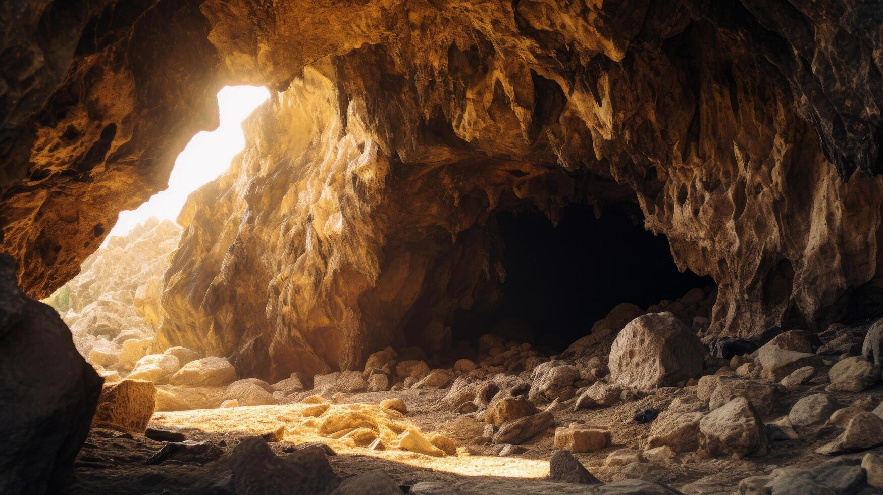 Entrance of cave bathed in warm sunlight photo