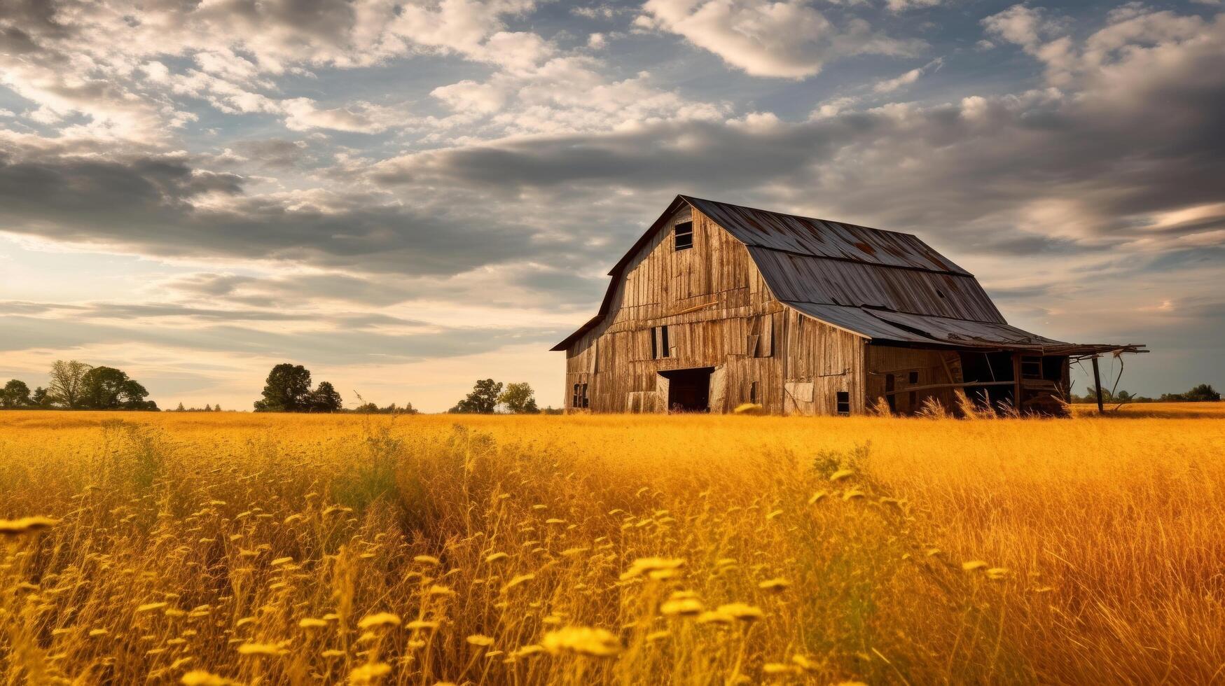 Abandoned stone barn amidst golden fields photo