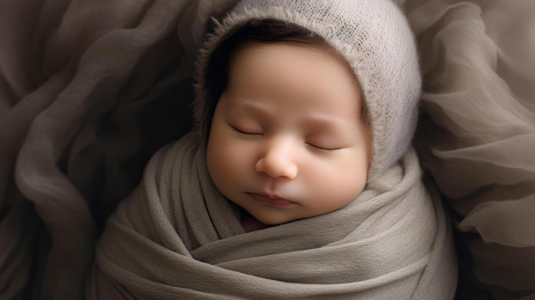 Newborn baby wrapped snugly in soft swaddling cloth photo