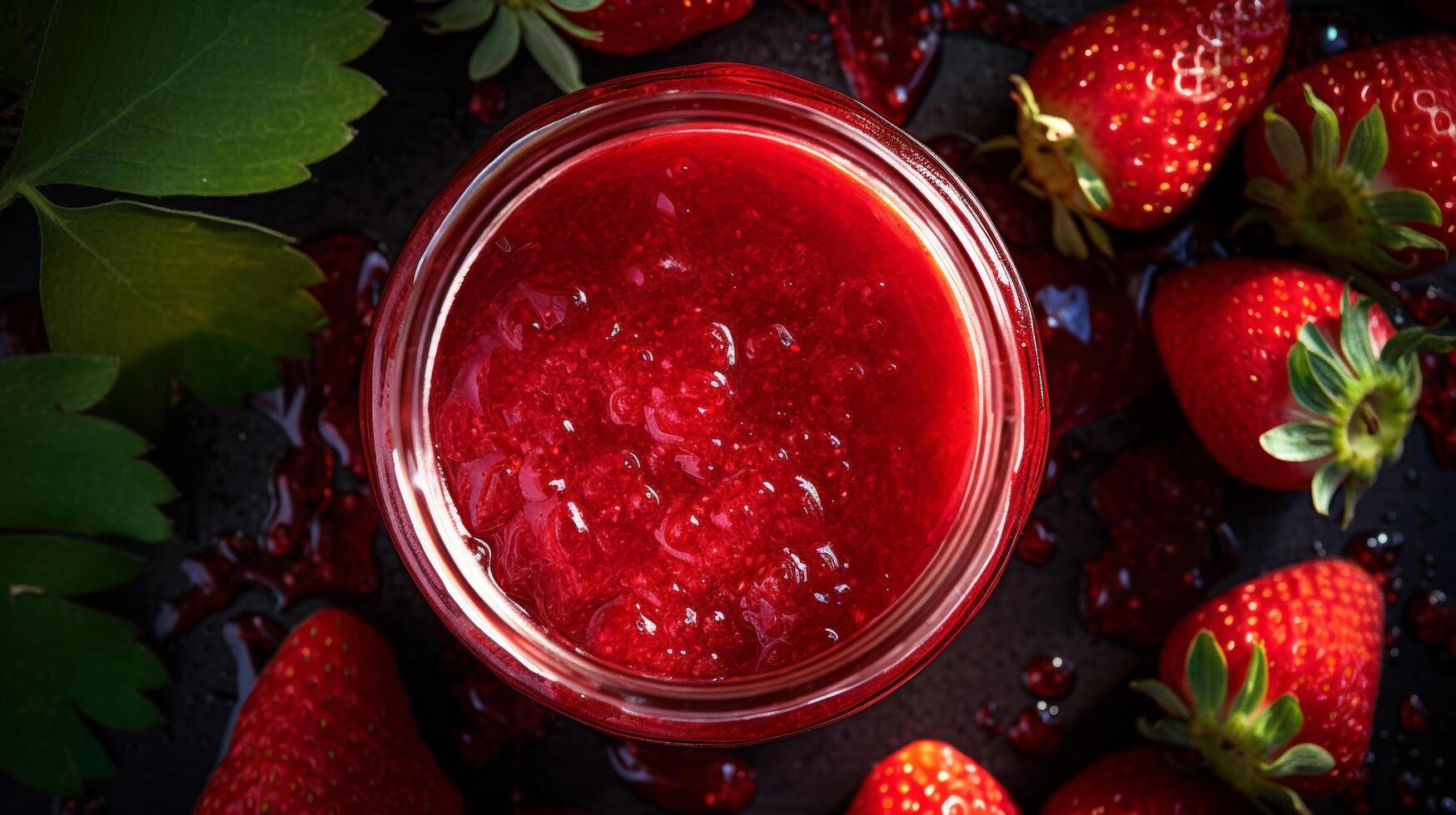 Top view of spilled strawberry jam jar photo