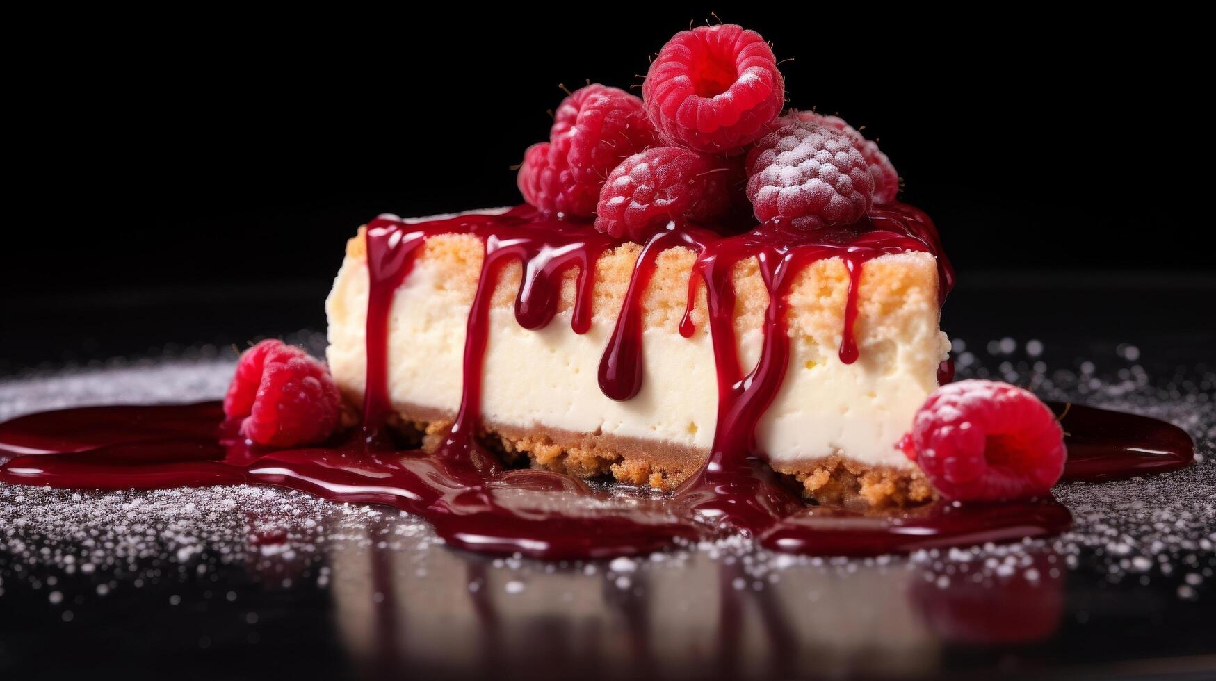 Slice of cheesecake with raspberry coulis drizzle in close up view photo