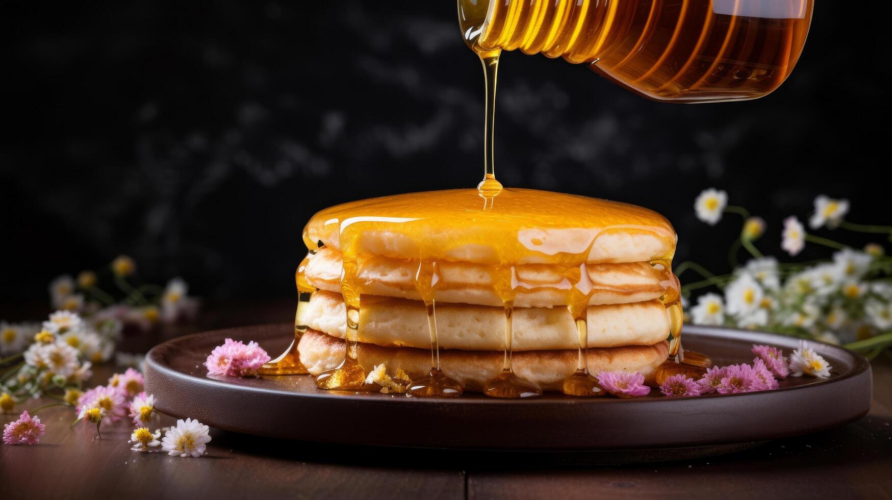 Dripping honey drizzle over stack of pancakes with golden texture photo