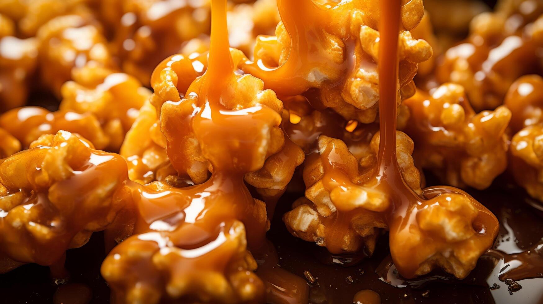 Crunchy caramel popcorn cluster close up with caramelized coating photo