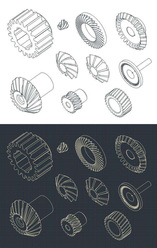 Different types of gears isometric blueprints vector