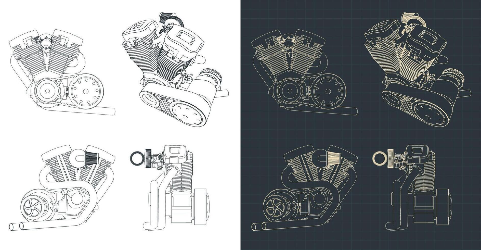 V-Twin motorcycle engine blueprints vector
