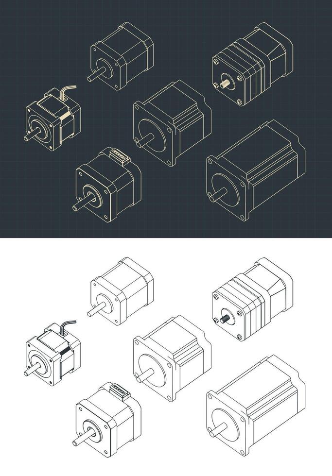 Stepper Motors Isometric Drawing Set vector