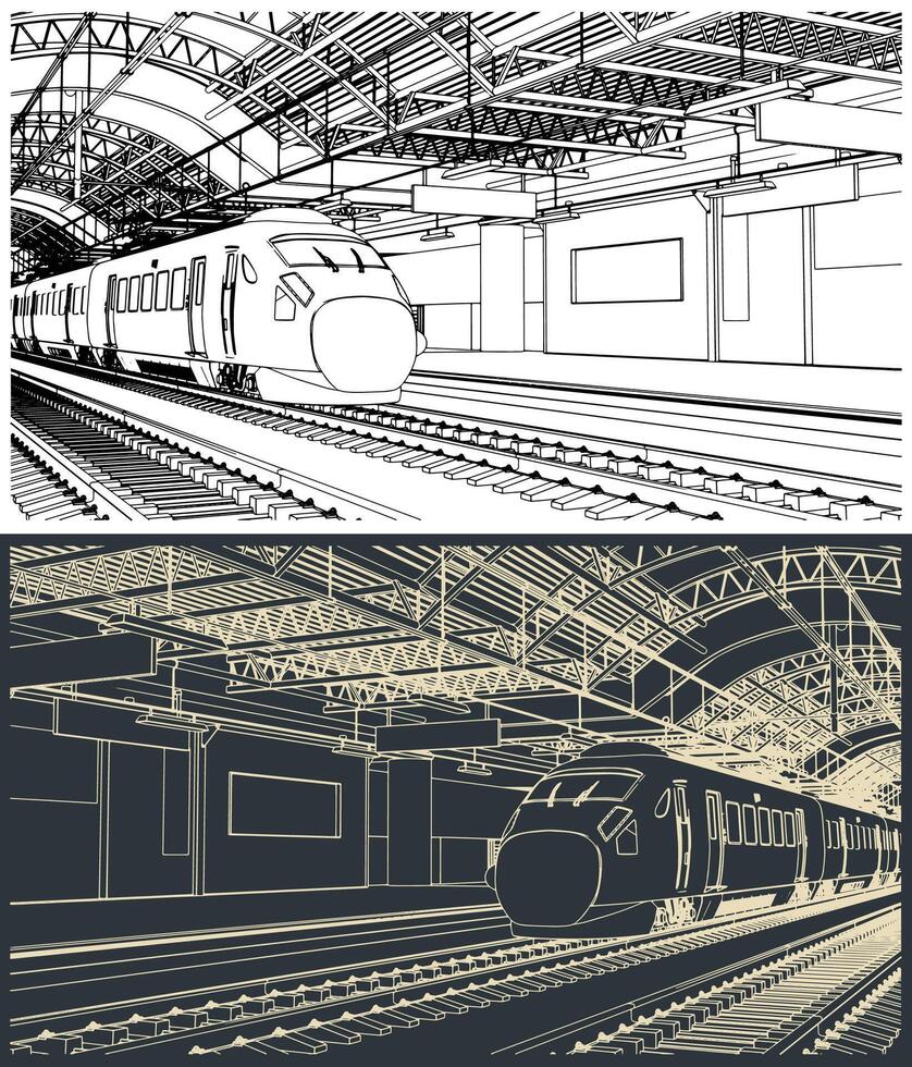 Railway station with a high-speed train vector
