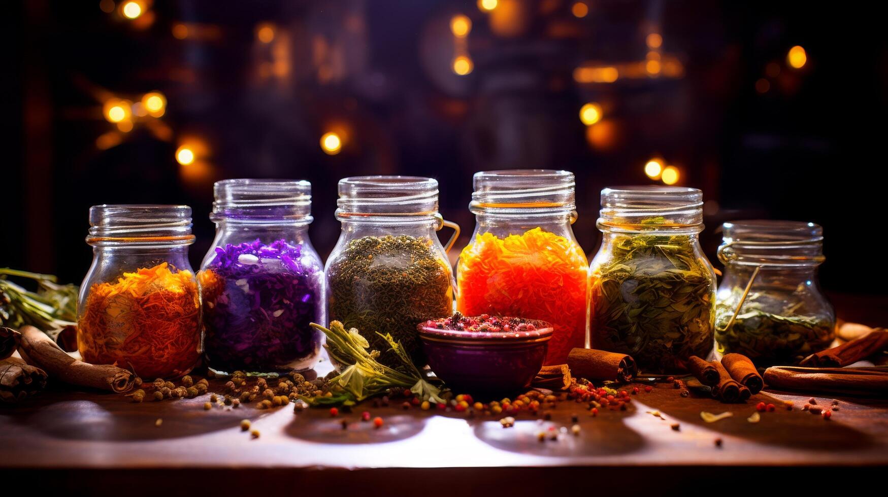 Creative backlighting highlights spices translucency and vibrant colors photo