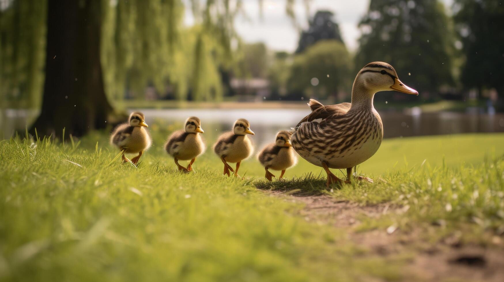 Waddling duck family grass outdoor photo