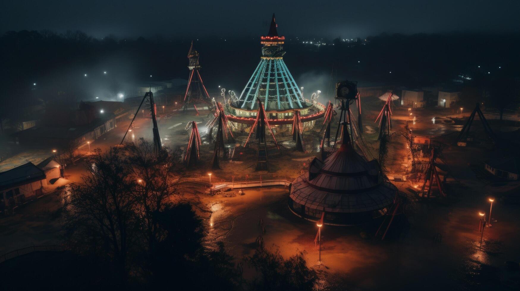 Abandoned amusement park night drone view photo
