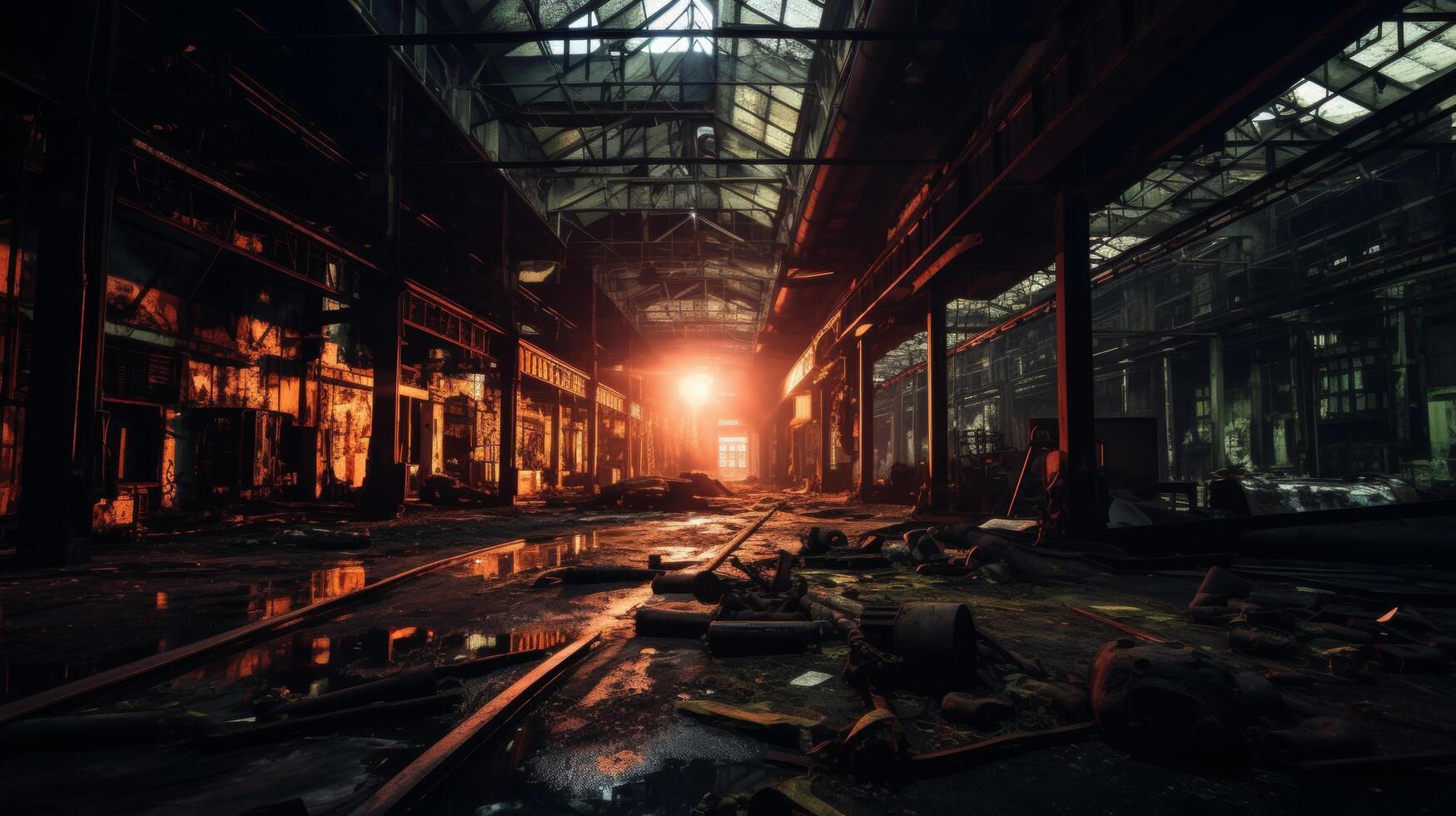 Nighttime long exposure derelict factory ruins photo