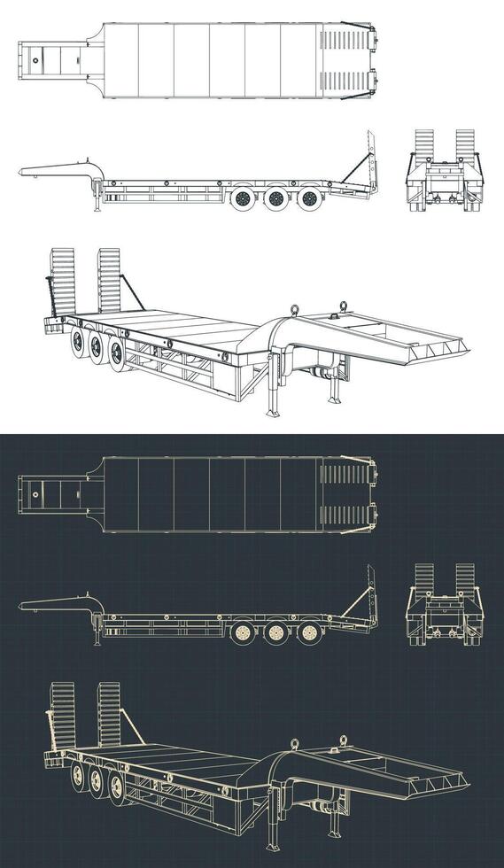 Low bed trailer blueprints vector