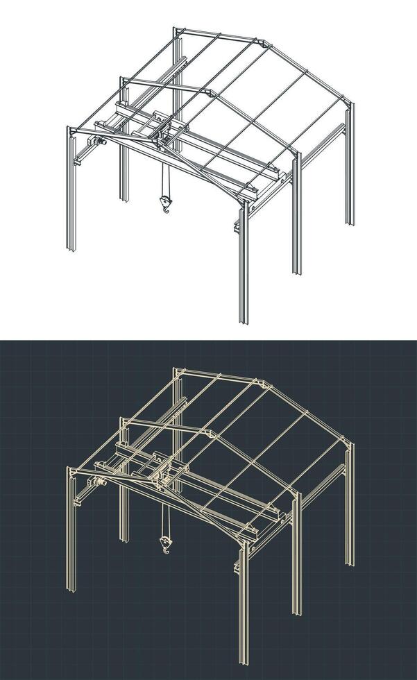 Overhead crane and warehouse structure isometric blueprints vector