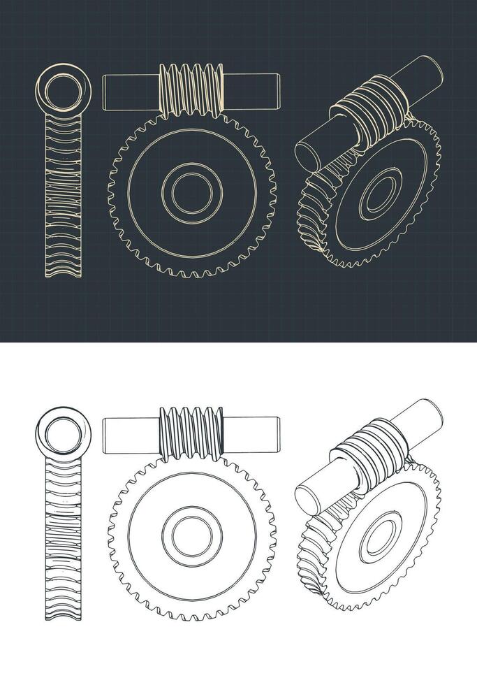 Archimedes worm and involute gear blueprints vector