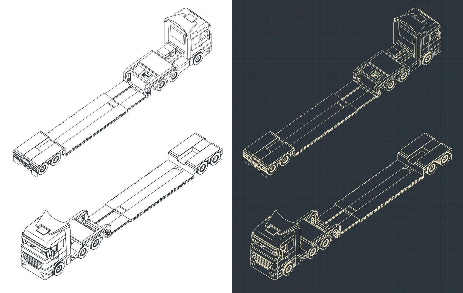 Truck with low bed trailer isometric blueprints vector