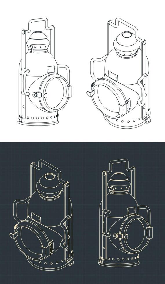 Retro railway signal lamp blueprints vector