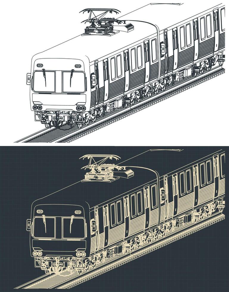City train isometric technical drawings close-up vector