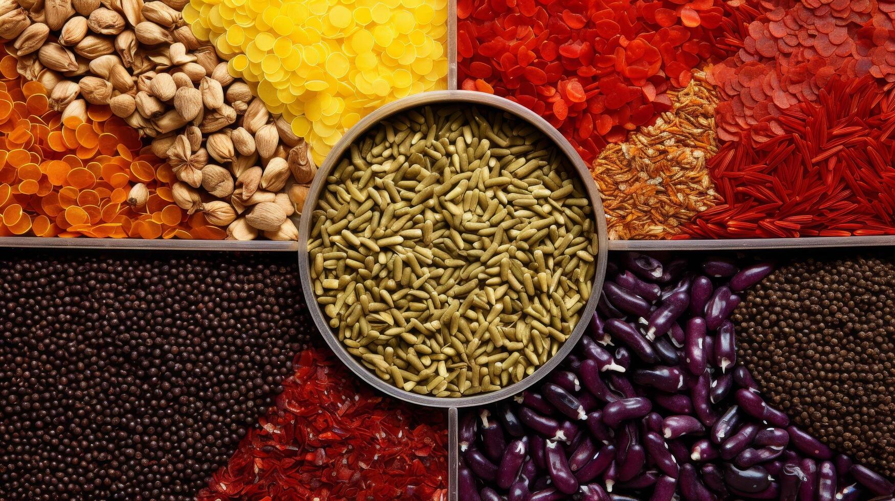 Colorful close up mosaic of assorted spices photo