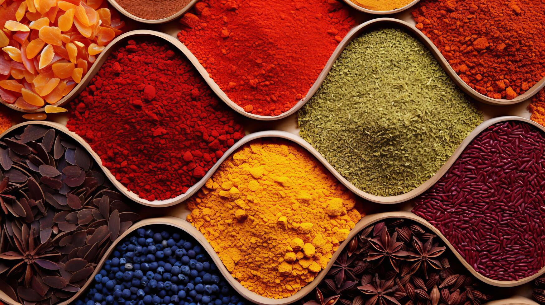 Colorful spices arranged in close up mosaic photo