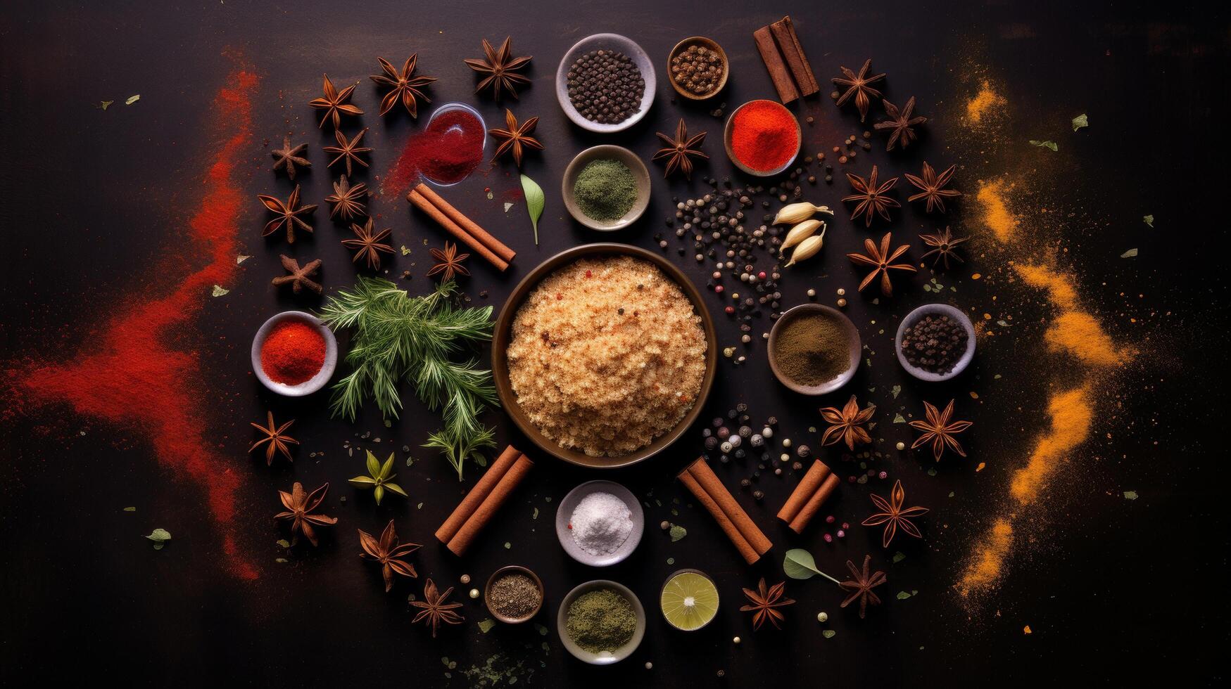 Overhead image of spices arranged in a celestial constellation photo