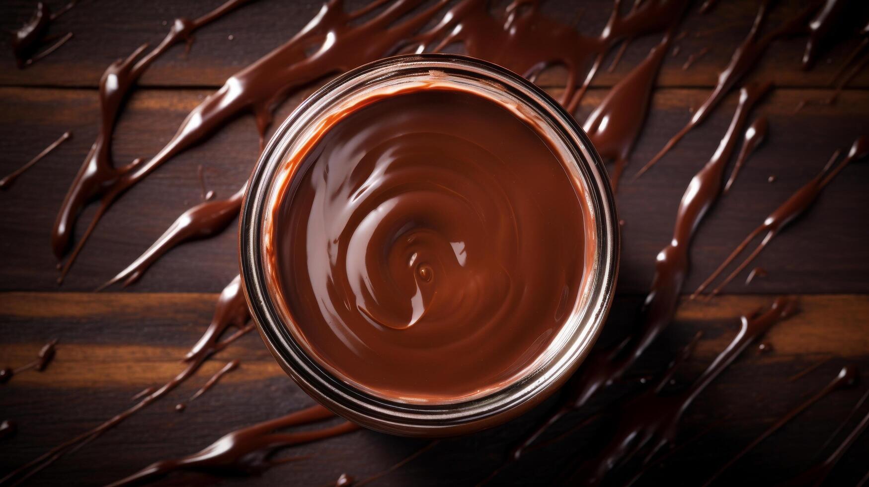 Top down view of spilled chocolate sauce jar photo