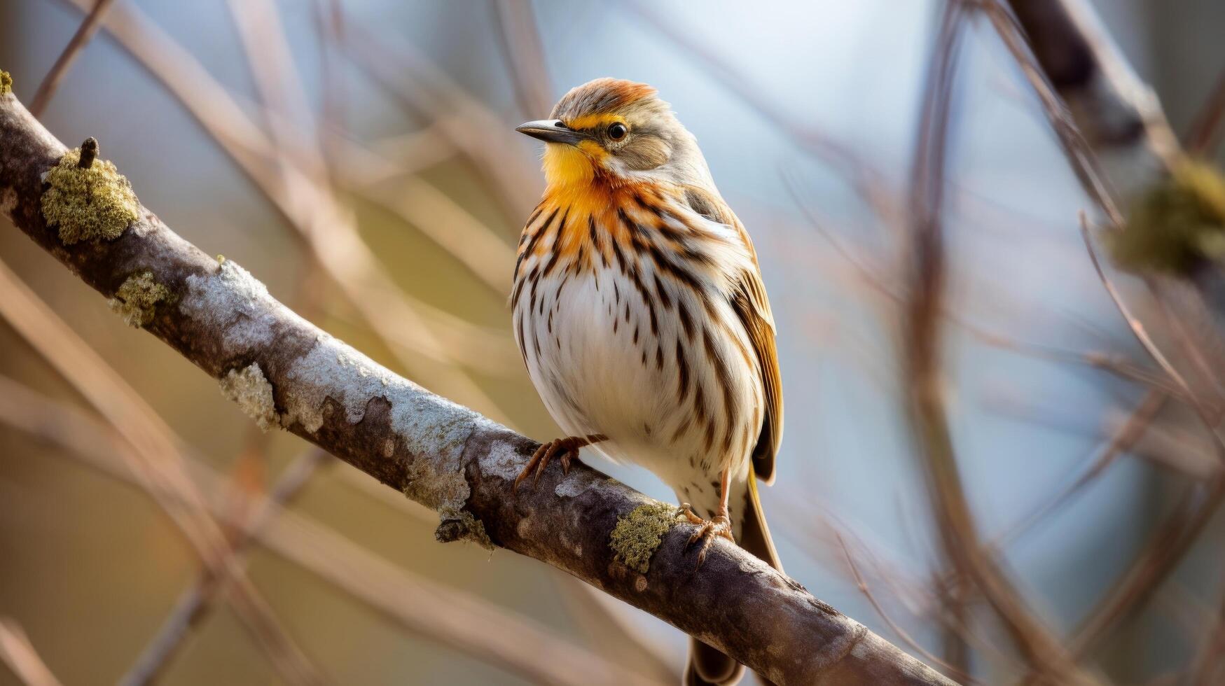 Feathered bird resting on sturdy tree limb photo