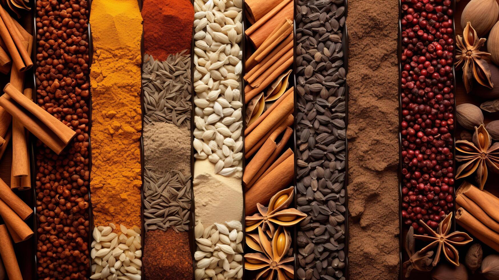 Assortment of spices forming visually striking collage photo