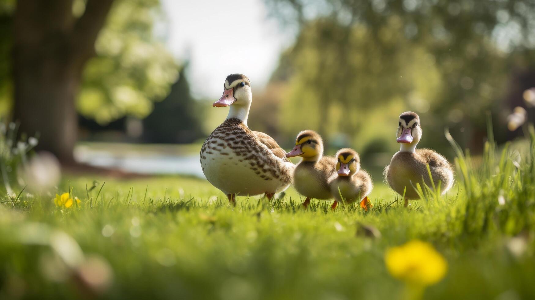Ducks family grass waddling nature photo