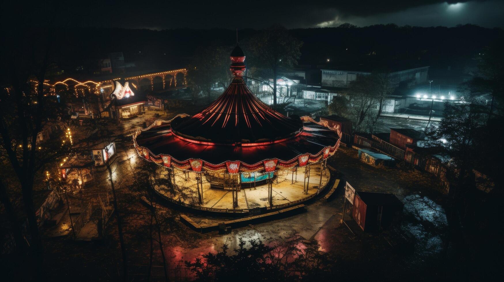 Drone shot eerie deserted theme park night photo