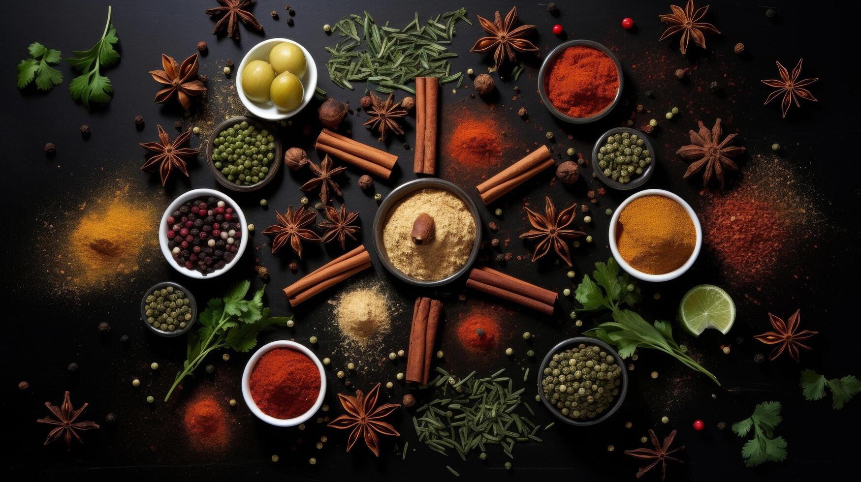 Overhead shot of spices arranged in constellation pattern photo