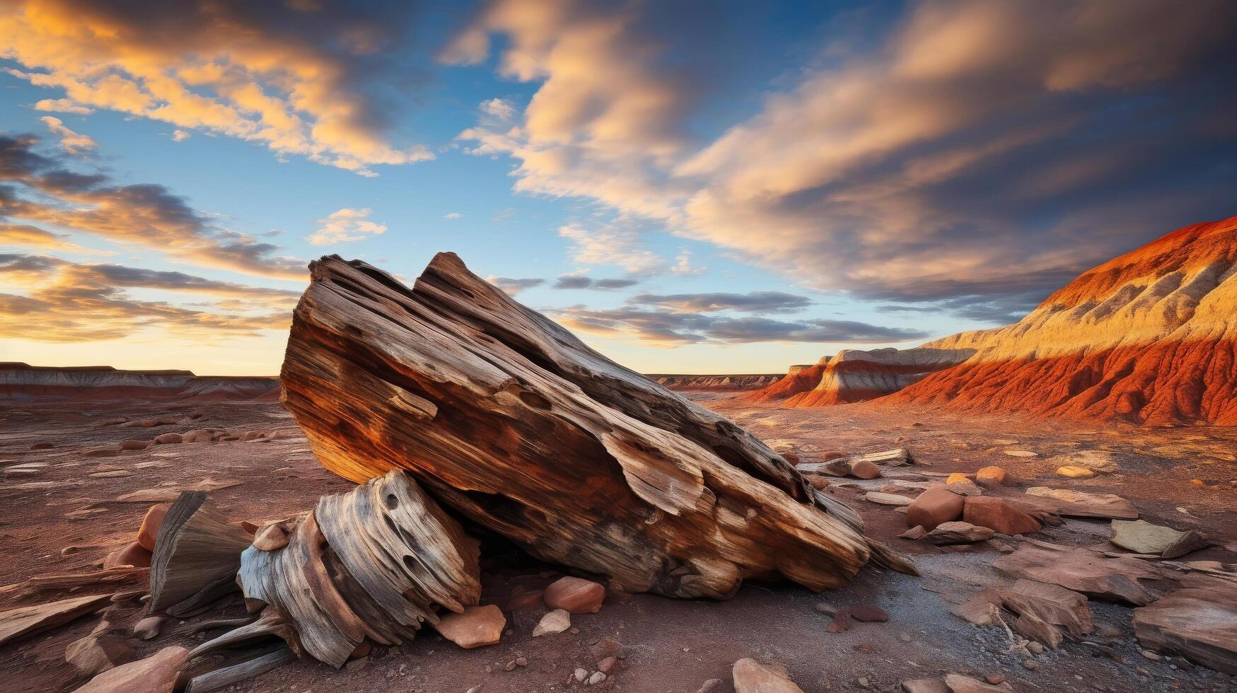 Colorful rock formations amidst petrified wood landscape photo