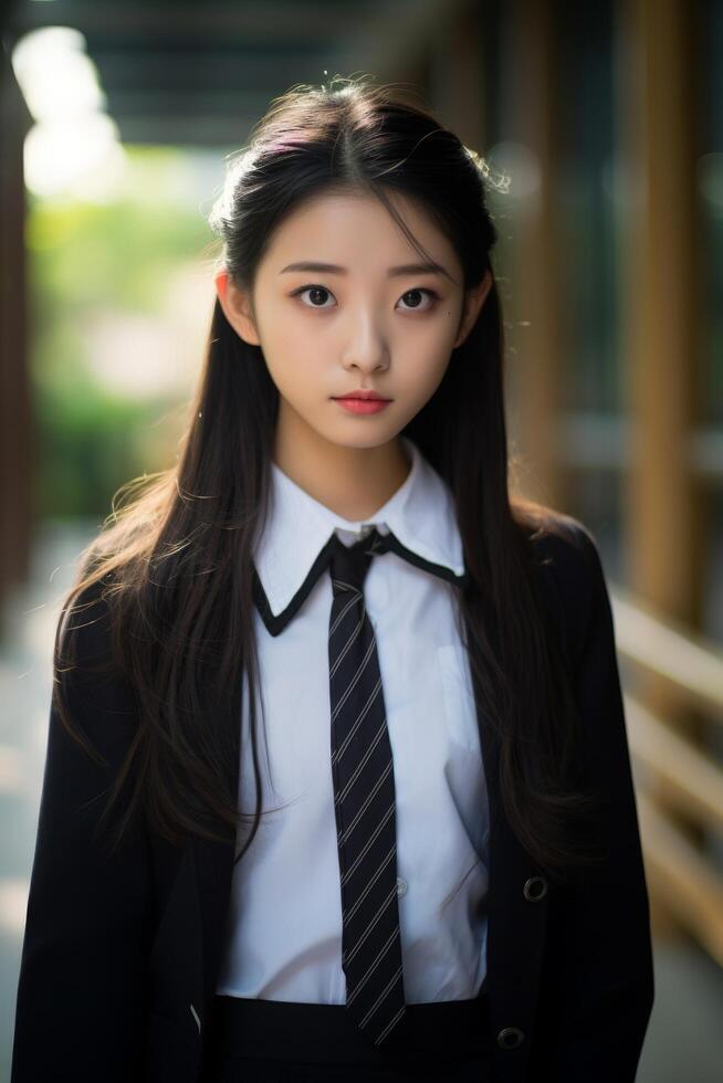 Schoolgirl portrait modern schoolyard photo