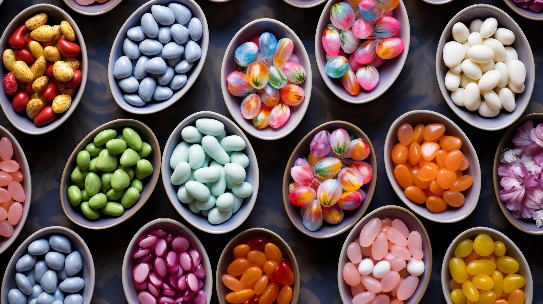 Decorative bowls filled with candy coated almonds in patterned display photo