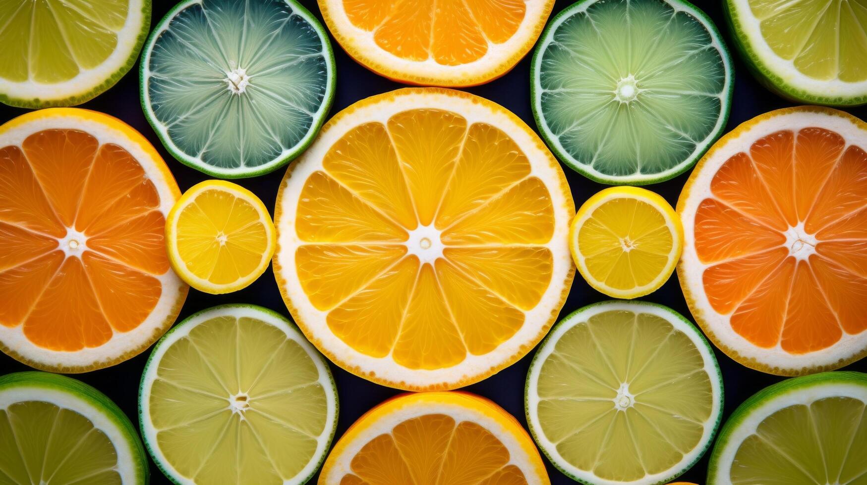 Colorful mosaic of sliced citrus fruits arranged artistically photo