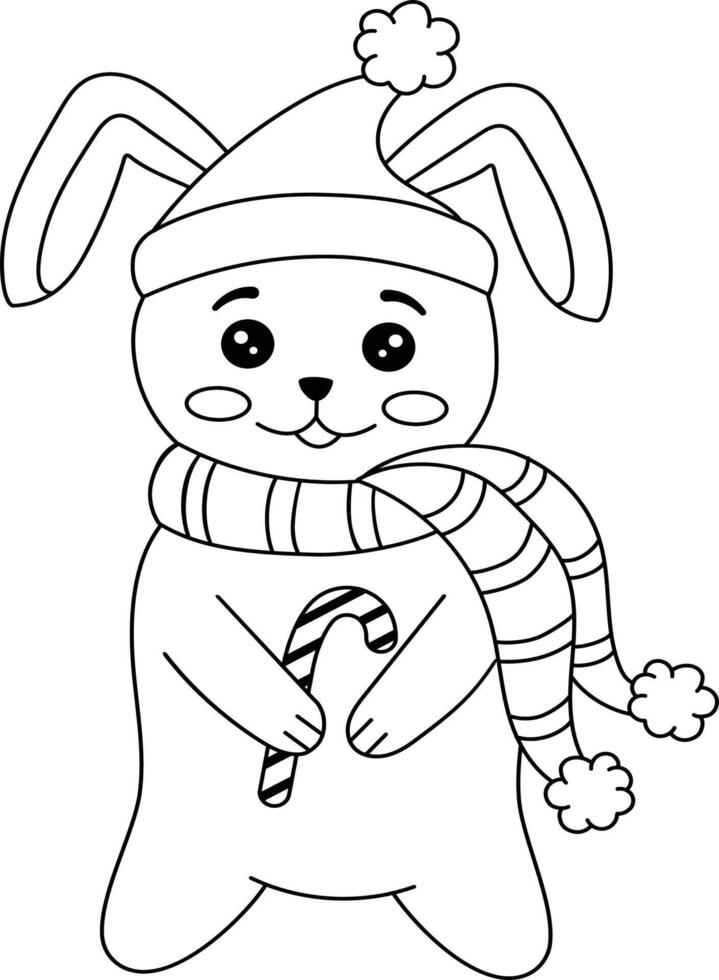 A coloring book with a cute Christmas bunny with a lollipop. Funny Christmas bunny for design, postcard printing, posters. Flat cartoon illustration on a white background. vector