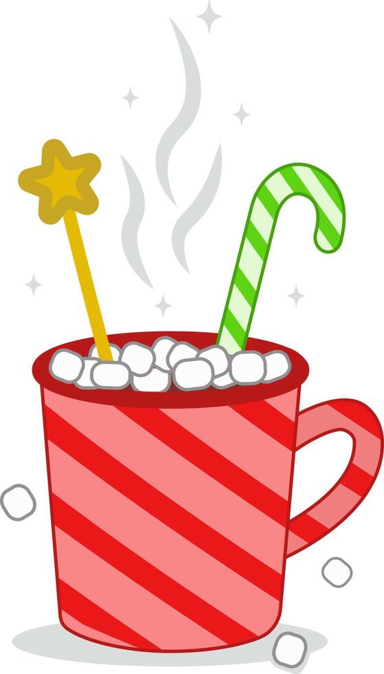 Hot chocolate with Christmas lollipops and marshmallows in a red cup. illustration. Merry Christmas and Happy New Year cup with sweets. Cartoon-style illustration.Elements of design. vector