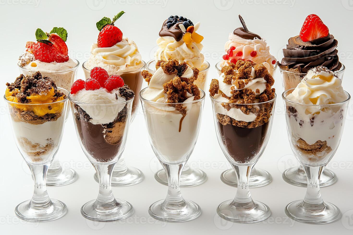 Assortment of sundae desserts in tulip glass cups with variety of flavors and toppings on a white photo