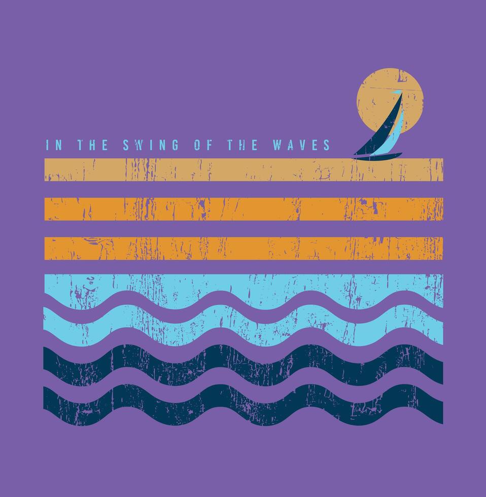 Illustration of waves in graphic style with sailboat on the horizon. Art for prints on t-shirts, decoration, etc. vector