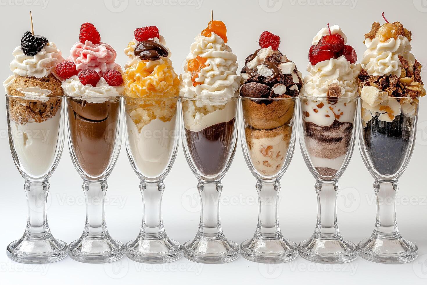 Assortment of sundae desserts in tulip glass cups with variety of flavors and toppings on a white photo