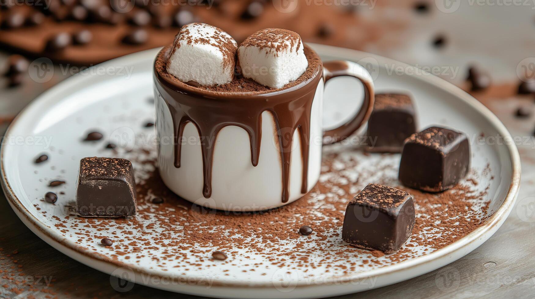 Cup of hot chocolate with marshmallows on white plate on white table, closeup photo