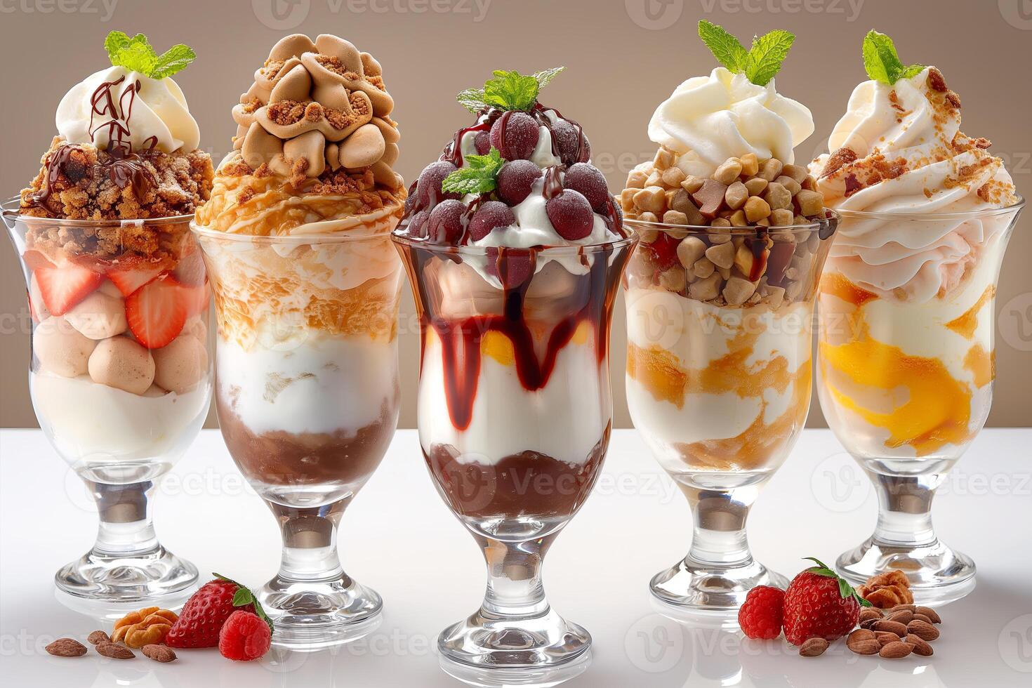 Assortment of sundae desserts in tulip glass cups with variety of flavors and toppings on a white photo