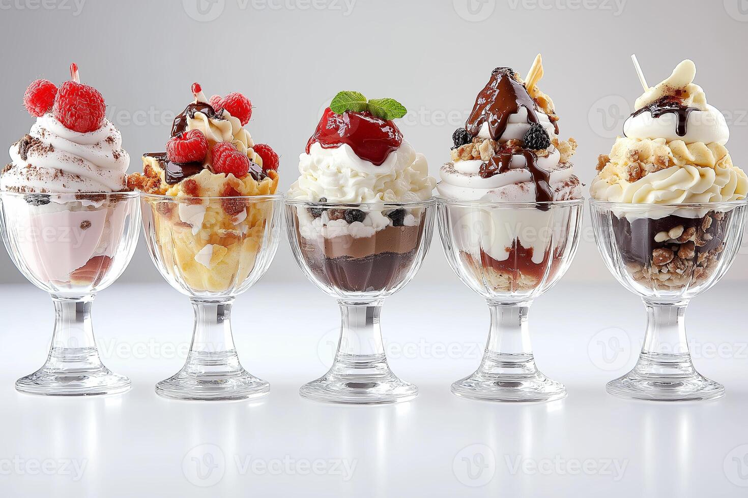 Assortment of sundae desserts in tulip glass cups with variety of flavors and toppings on a white photo