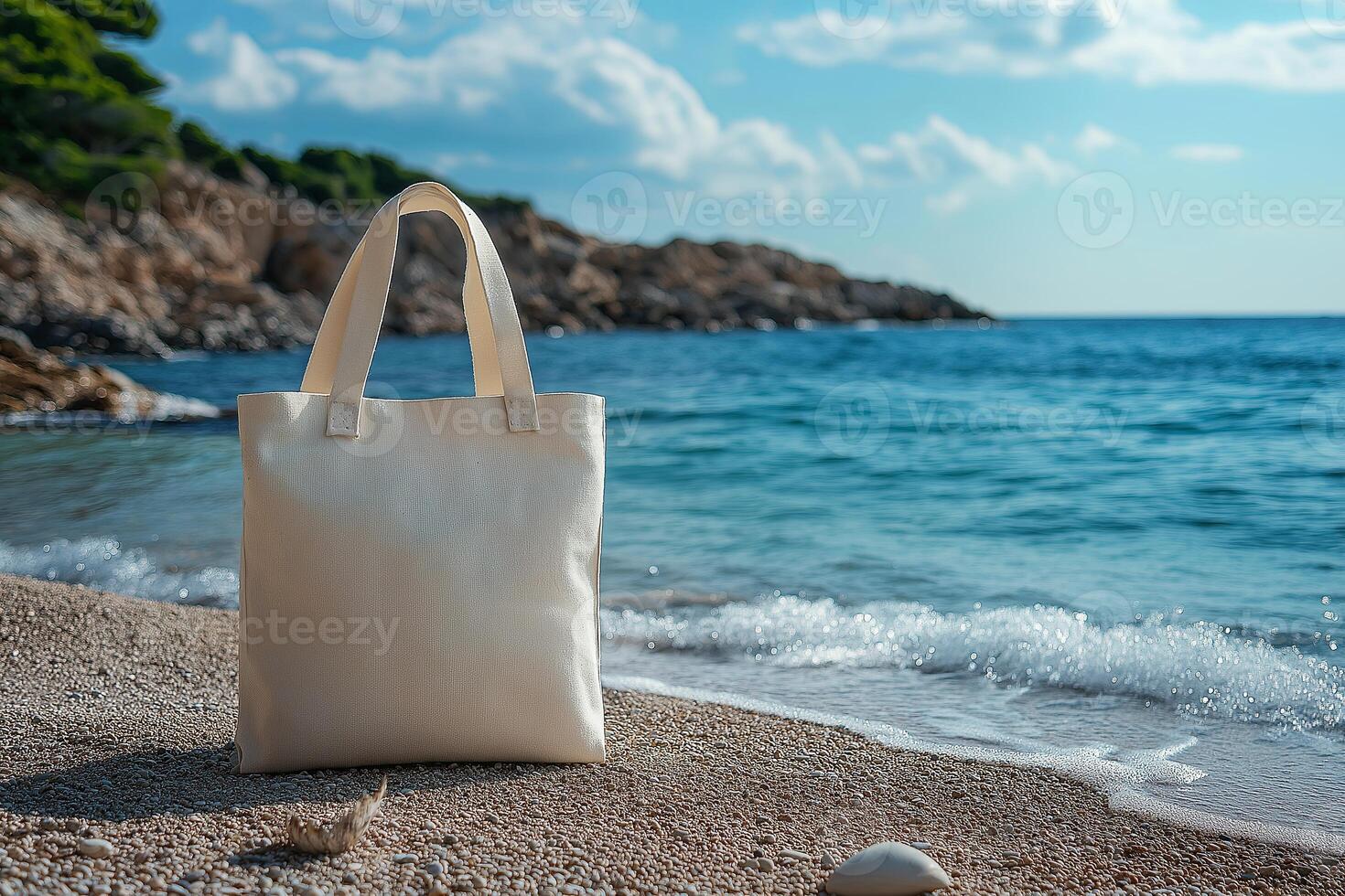 White Shopper Mockup. Blank Eco Cotton Tote Bag with Sea Background. photo